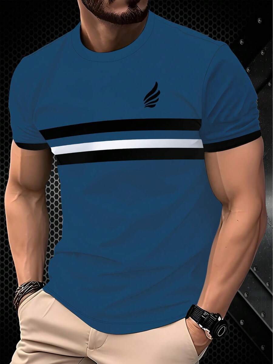Men's Elegant Striped Print Short Sleeve Round Neck T-Shirt, Casual & Fashionable, 100% Polyester, Regular Fit T-Shirt, Stretchy & Breathable Fabric, Suitable For Summer Wear - Multicolor - View 1