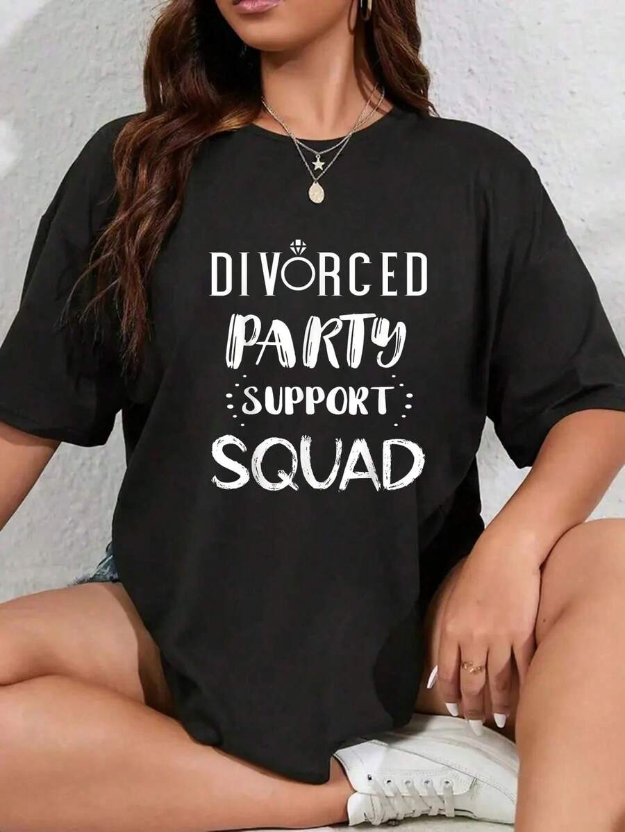 Divorced Party Support Squad Celebration Happily Divorced T-Shirt - 100% Cotton Graphic Tees Women, Top Shirt Women Summer Tops Clothes - Black - View 1