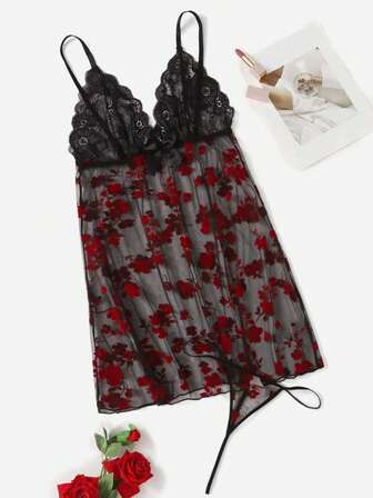 1pc Women's Sexy Flocked Lingerie Slip Dress, Suitable For Home, Valentine's Day, Intimate Use