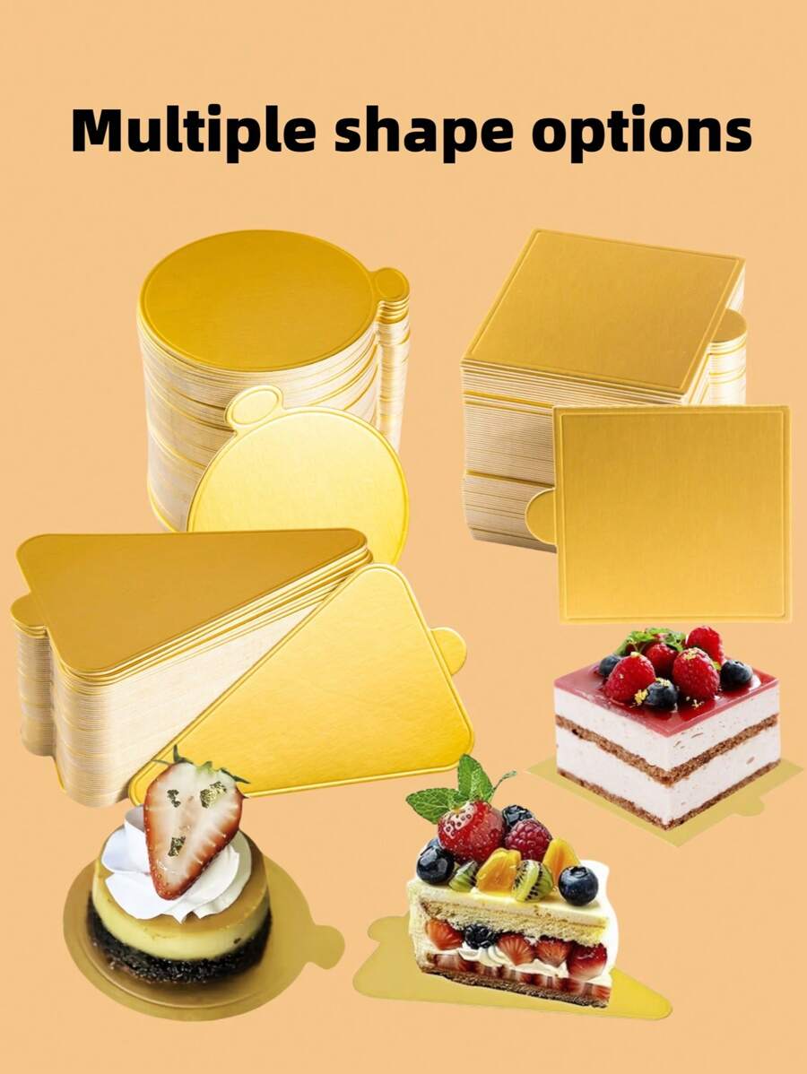 100pcs-Triangle, Round & Square Mousse Dessert Gold Paper Trays For Wedding Cake Slice Display, Birthday Party, Afternoon Tea Party Cake Pad– Baking Dessert Holder Mini Cake Board Luxury Elegant Cake Stan Moldes - Multicolor - View 1