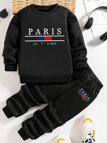 Tween Boy Letter Print Warm Crew Neck Sweatshirt And Pants Set - Black - View 1