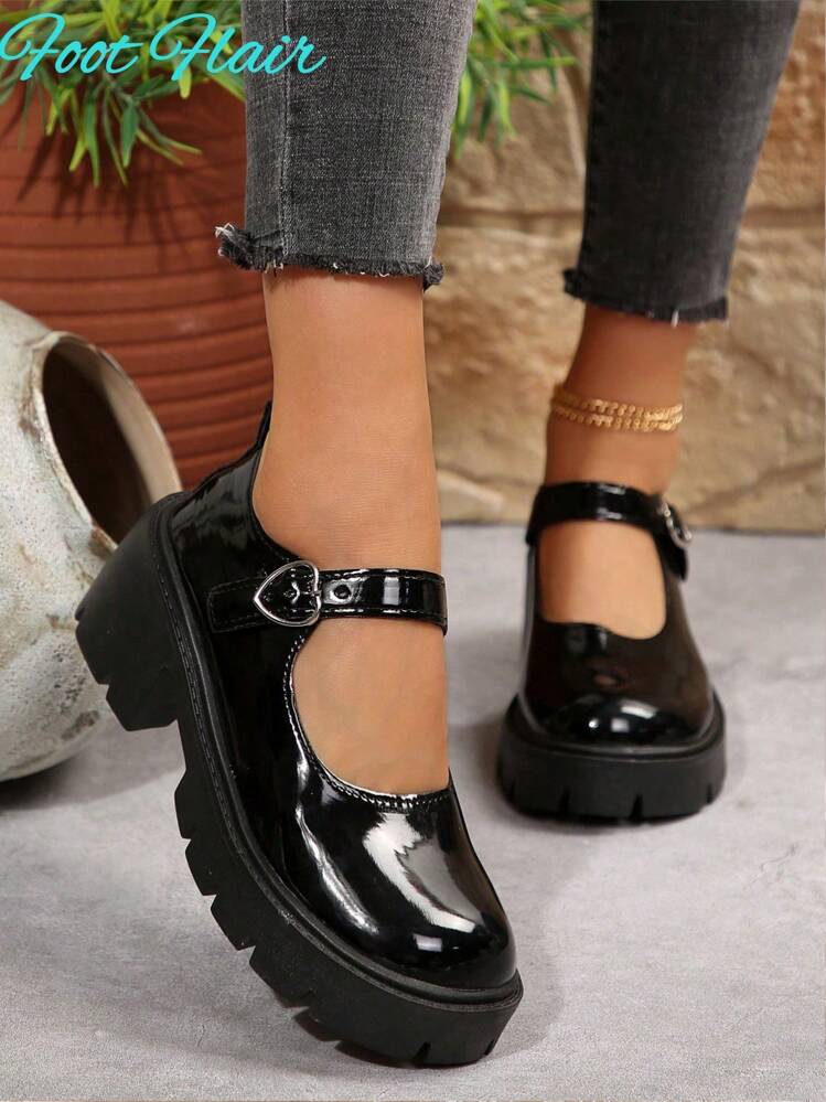 Foot Flair 女款（尺码偏小）玛丽珍厚底粗跟踝带Y2K哥特洛丽塔牛津经典舒适校服正装鞋 - 黑色 - 查看 2