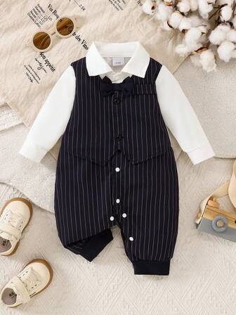 Mono de 2 en 1 con cuello de camisa, estilo de traje, con parches y rayas para bebé niño