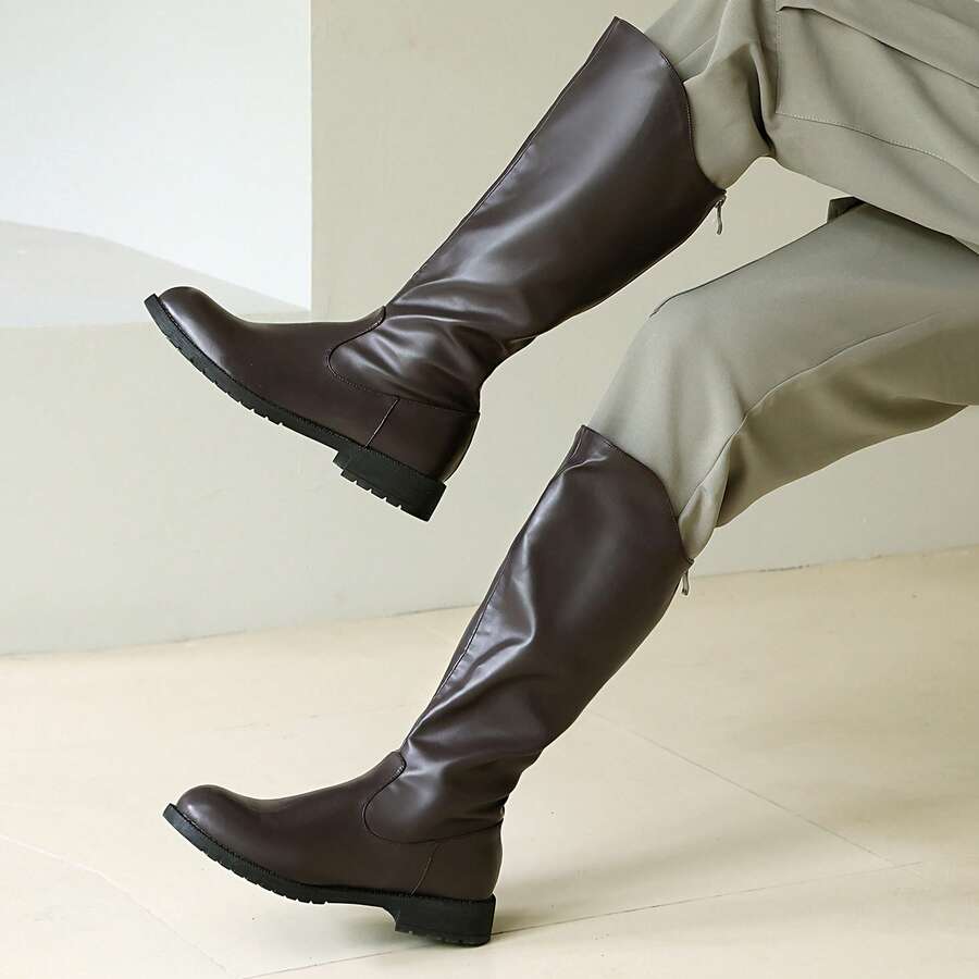 2025 Men's High-Top Leather Riding Boots & COSPLAY & Side Zipper Simple Men's Boots Round Toe Rubber Thick Sole Tall Boots & Black & Chocolate Brown - Chocolate Brown - View 1