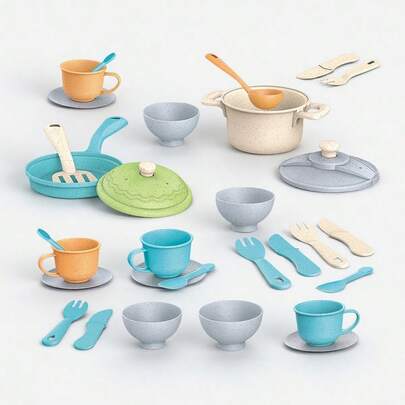 Kids Play Kitchen Toy, Baby Realistic Cooking Toy Accessories, Wheat Straw Material Pretend Play Bowls, Plates, Cups, Frying Pan, Spatula, Suitable For Toddler Toys, Gifts For Boys And Girls, Birthday, Christmas (Random Color)