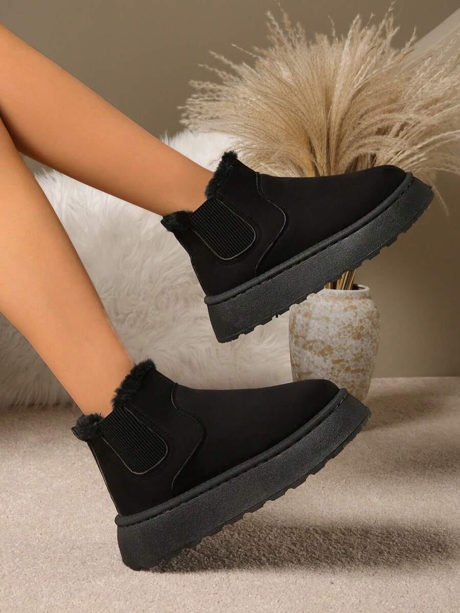 女式仿毛黑色户外5厘米厚底踝靴，紧身针织袖口毛皮衬里雪地靴，新款秋冬款带后拉带，蓬松加厚保暖内衬拖鞋时尚简约保暖鞋男士室内拖鞋 - 黑色 - 查看 1
