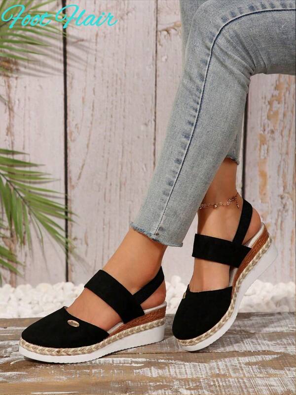 Foot Flair Women Plus Size Black Wedge Thick-Sole Closed Toe Bohemian Beach Vacation Style Summer New Spliced Color Elastic Rope Roman Sandals
