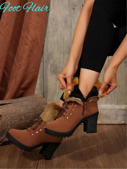 Women's Fashionable Fluffy Flower Decor Side Zipper High Heel Boots, Brown Warm Short Boots, Stylish And Versatile, New For Autumn-Winter