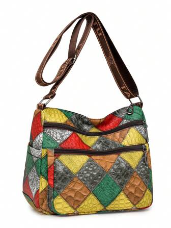 Nueva bolsa de hombro de cuero suave con bloques de color, de gran capacidad y múltiples compartimentos, casual y esencial para salidas, ideal para mamás