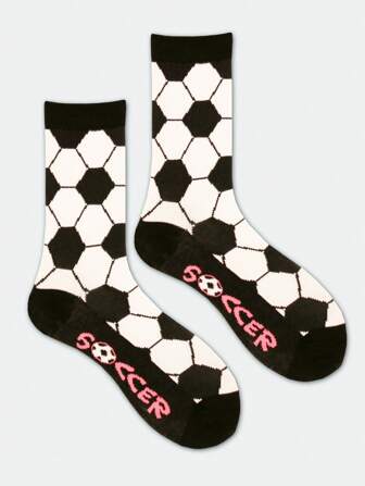 1 Pair Women's Soccer Graphic Mid-Calf Socks, Soccer Fan Socks, Suitable For Daily Wear