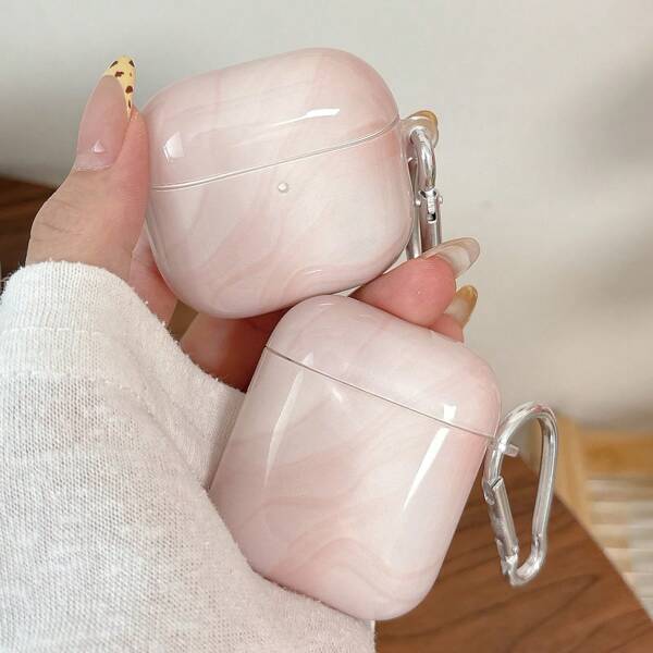 Minimalist Soft Pink Marble Pattern TPU Wireless Earphone Protective Case, Compatible With AirPods 1/2, AirPods 3, AirPods 4, AirPods Pro, AirPods Pro 2, With Hanging Hook