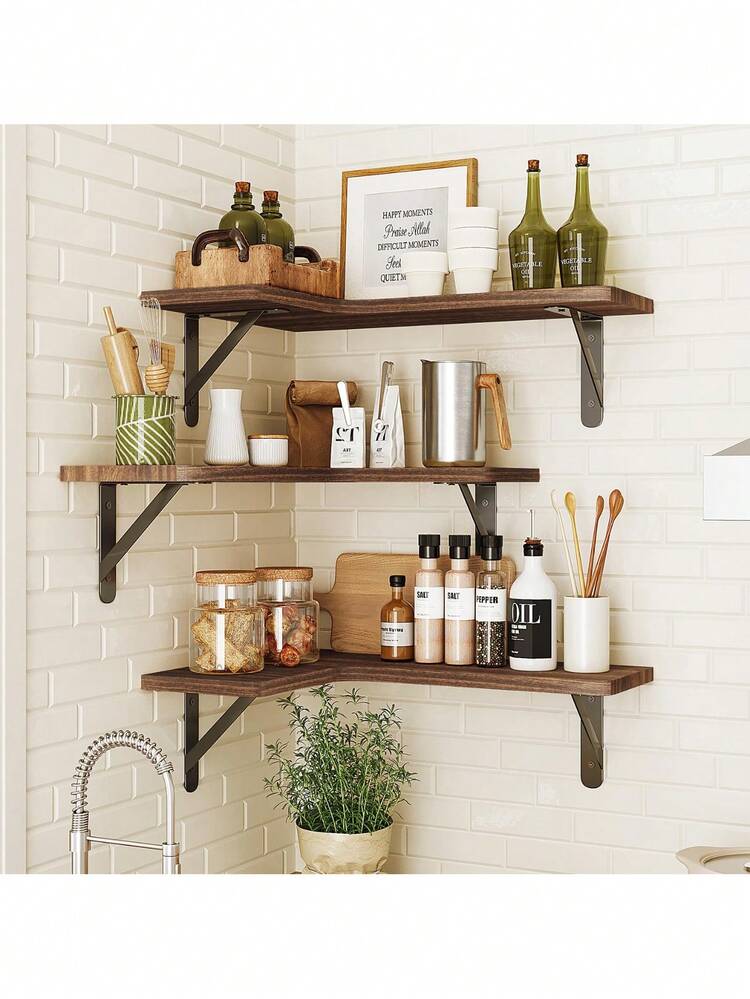 转角悬浮置物架，5件套壁挂式转角置物架，复古木质壁挂置物架，适用于浴室、厨房、卧室或客厅（碳化黑），转角悬浮置物架，复古木质壁挂置物架，适用于浴室、厨房、卧室或客厅（深碳化黑）浴室 - 原木色 - 查看 9