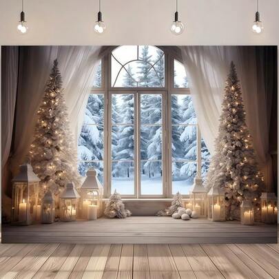 冬季圣诞场景背景，配有白色窗帘、松树和吊灯，非常适合婚礼、圣诞派对装饰、生日庆祝、肖像摄影、室内外多功能用途和圣诞装饰。