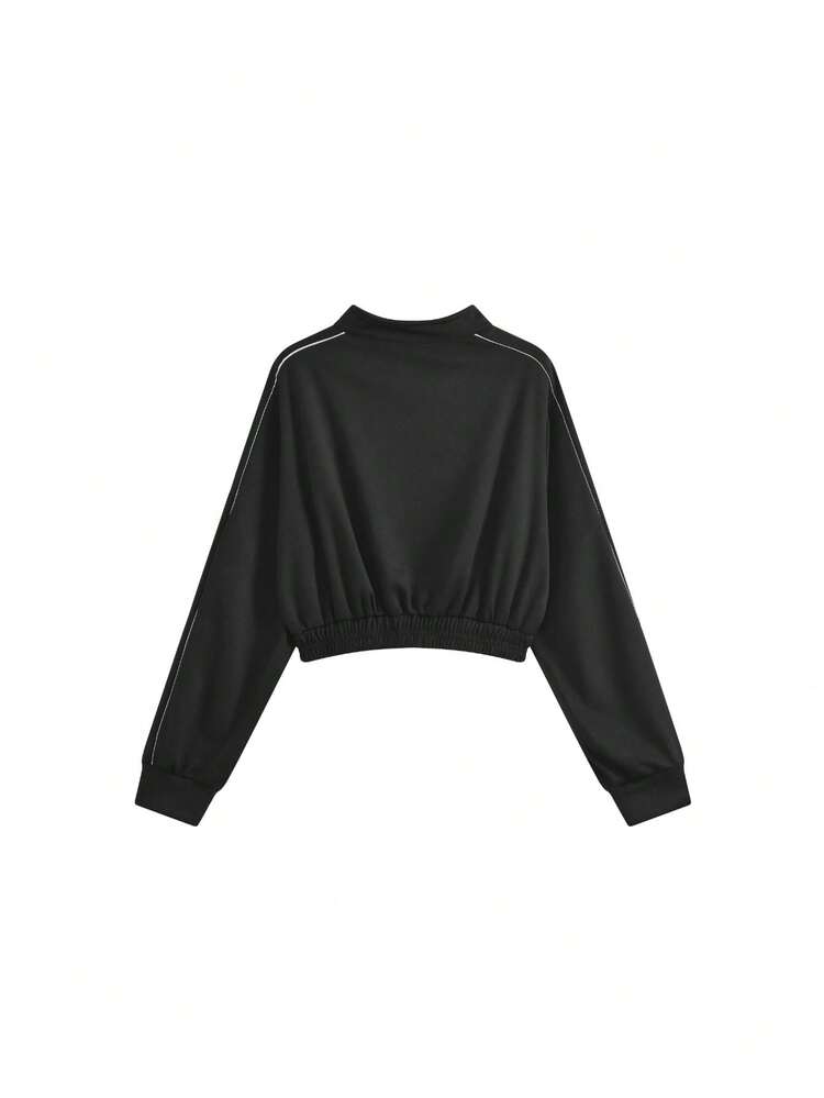 棒球夹克长袖运动外套拉链短款开衫上衣休闲春季黑色 - 黑色 - 查看 4