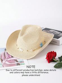1pc Shell & Starfish Bohemian Straw Bow Panama Hat, Beach Holiday Sun Hat, All-Season Fashion Versatile Commuter Hat, Unisex - Straw Hat - View 16