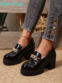Foot Flair Women's Metal Chain Decor Waterproof Platform Round Toe Slip-On Thick Sole High Heel Shoes, Vintage Style, Plus Size, PU Leather Oxford Pumps, Black, British Style, Work Flats, Spring/Autumn