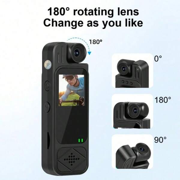 1pc 1080p Mini Wearable Camera, 1.3" Screen, 180° Rotatable Lens, Suitable For Bicycle, Compact & Portable, Infrared Night Vision