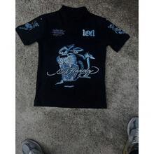 LOF1 Black Polo Shirt With Various Prints: Style And Personality In The Spotlight Loose Summer No Polo Collar - Black/Panther - Xem 1