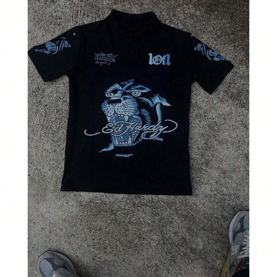 LOF1 Black Polo Shirt With Various Prints: Style And Personality In The Spotlight Loose Summer No Polo Collar - Black/Panther - Xem 1