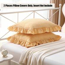 QTSage Green Plaid Ruffle Pillow Shams Standard Set Of 2 Vintage Checkered Washed Cotton Bed Pillow Covers 20x26