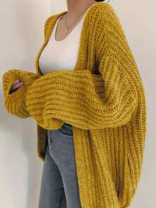 优雅宽松加大码纯色开衫，适合年轻女性的百搭休闲针织毛衣，长袖开襟针织毛衣 - 黃色 - 查看 3