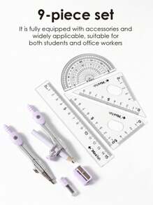 Un set de 9 instrumente de desen pentru elevi, rechizite de matematică și geometrie, inclusiv compas, rigle, triunghiuri, raportoare, rigle, ascuțitoare și creioane.