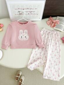 Humor Bear 2pcs/Set Baju Sweatshirt Lengan Panjang dan Celana Olahraga Kasual Anak Perempuan Motif Kelinci Kartun Bordir, Musim Gugur - Berwarna merah muda - View 2