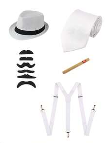 Value 5-Piece Set 1920s Men's Costume Hat, Includes 1920s Men's Hat, Tie, Fake Mustache, Accessories, Suspenders, Ball And Party Costume Halloween Outfit Accessories - Multicolor - View 9