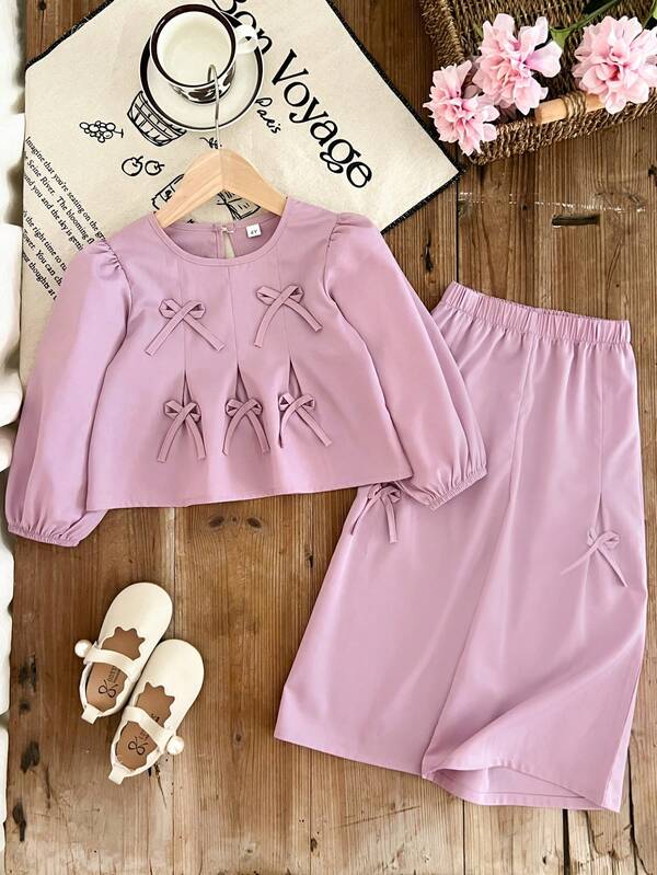 Humor Bear 2 Piece Girls Bowknot Decor Round Neck Long Sleeve Top And Wide Leg Pants Set, Autumn Outfit