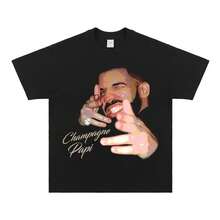 2025 Summer New Drake Vintage Tee Drake Vintage Neckline Rap American Men's Fashion Casual Short Sleeve T-Shirt - 黑色 - 查看 1