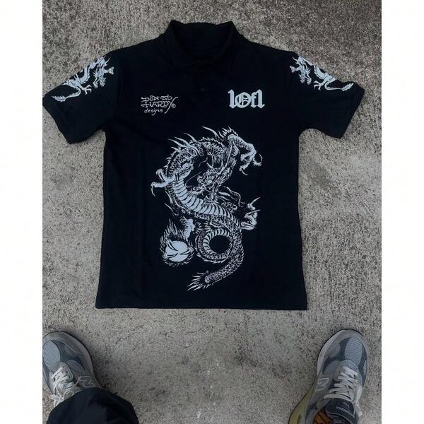 Camiseta Polo Preta LOF1 com Estampas Diversas: Estilo e Personalidade em Destaque  Verão    Solto    Nenhum    gola polo