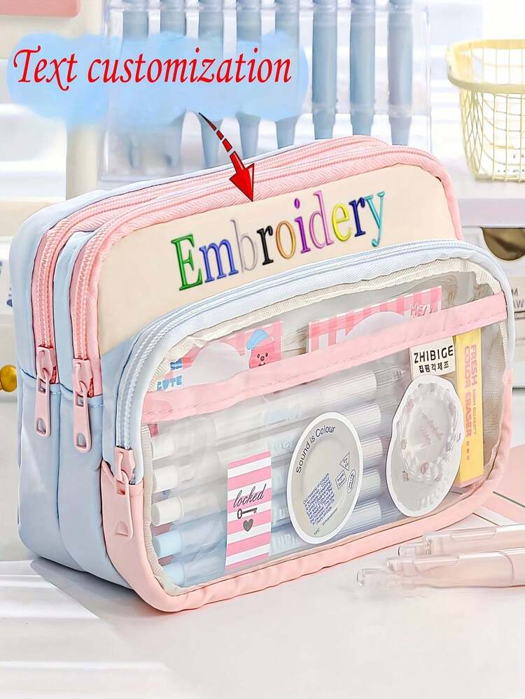 1pc Customizable Large Capacity Pencil Case - Pencil Box, Stationery Bag, Embroidered Name Available, Suitable For Office, School Supplies Storage, Fashion Zipper Bag, Transparent Design Storage Bag, Back To School Gift - Multicolor - View 11