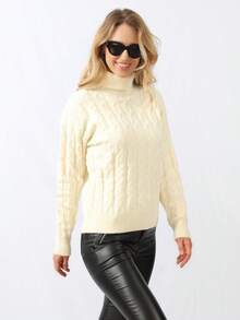 Pulover de damă, roz pal, tricotat cu guler înalt. Bluză de iarnă confortabilă și elegantă. Ținută călduroasă cu decolteu înalt. - Bej - Vizualizare 3