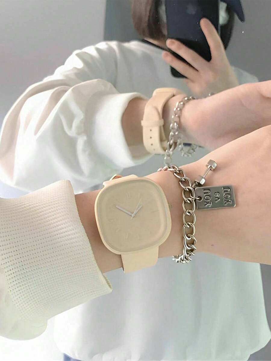 2pcs/Set High-Quality Cream Jelly Square Dial Quartz Watch & Bracelet For Students - Apricot - View 1
