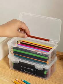2 piezas de cajas de almacenamiento de suministros de arte de plástico transparente, ideales para estudiantes y artistas, diseño minimalista, tapa cerrada, superficie lisa, adecuado para trabajadores de oficina, estuche de lápices, mochila de estudiante