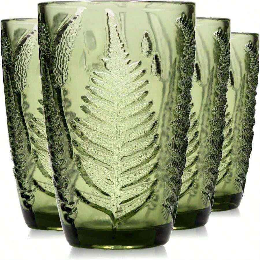 Green Drinking Glasses Set Of 4-12 Oz Hand Blown Vintage Drinking Glasses, Boho Aesthetic Antique Glassware, Colored Cute Glass Cups, Textured Highball Water Tumbler, Unique Retro Drinkware Gift - Highball - 查看 1