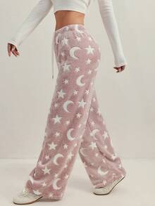 Tjocka flanellbyxor med stjärn- och månemönster och dragsko i midjan, vida ben, lämpliga för ytterkläder och fluffiga loungekläder, höst/vinter - Rosa - Visa 3