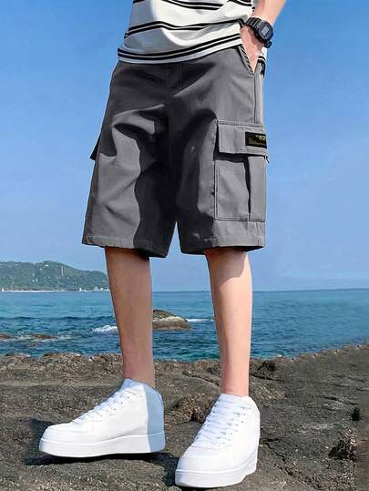 1pc Teen Boys Casual Summer Outdoor Sports Pocketed Stylish Plain Utility Shorts, Spring/Autumn