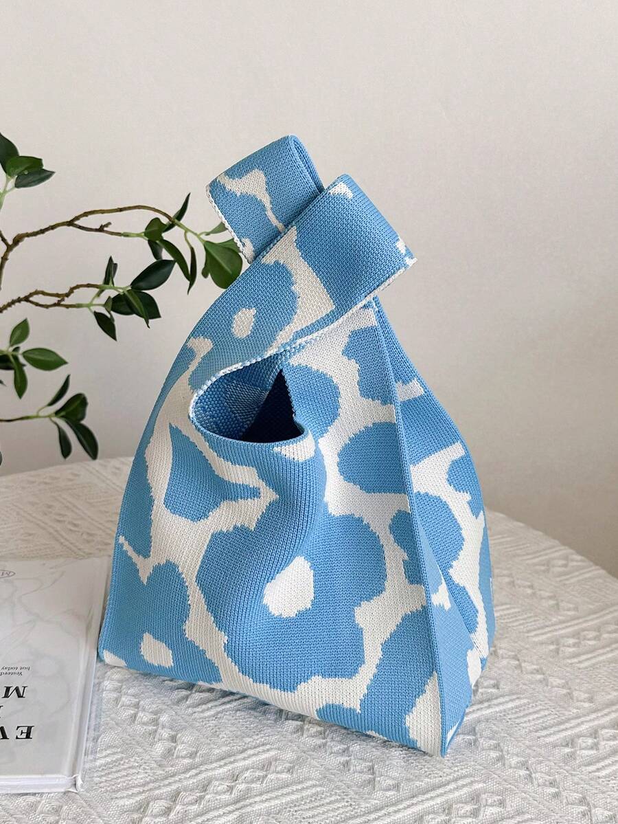 lulu kewen 1pc Floral Crochet Handbag, Mini Crochet Tote Bag With Floral Pattern, Breathable And Foldable Pocket Design Suitable For Phone, Umbrella, Cosmetics, Lipstick, Perfume, Books - Anti-Fouling, Open-Top Design, Fashionable Women Handbag - Suitable For Vacation, School, Commuting - Blue - View 1