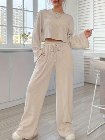 2 piezas Conjunto de pijama de pantalón y top de manga larga acanalado para mujer, para primavera/otoño/invierno, ropa de estar en casa con estilo que se puede usar afuera, atuendos cómodos, ropa de otoño