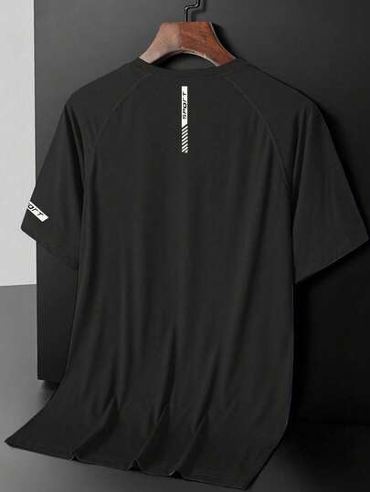 Men's Summer Fashionable Casual Sports Set, Thin Fitted Sports Ice Silk T-Shirt Black