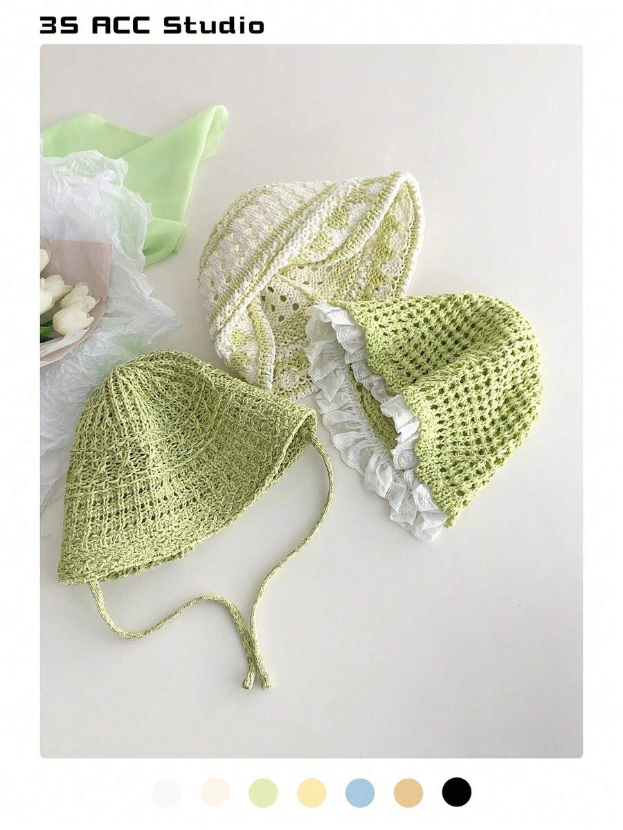 1 Pc Lace Trim Hollow Straw Hat For Women, Summer Lightweight Breathable Small Face Bucket Hat, Large Brimmed Bucket Hat