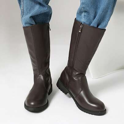 2025 Men's High-Top Leather Riding Boots & COSPLAY & Side Zipper Simple Men's Boots Round Toe Rubber Thick Sole Tall Boots & Black & Chocolate Brown