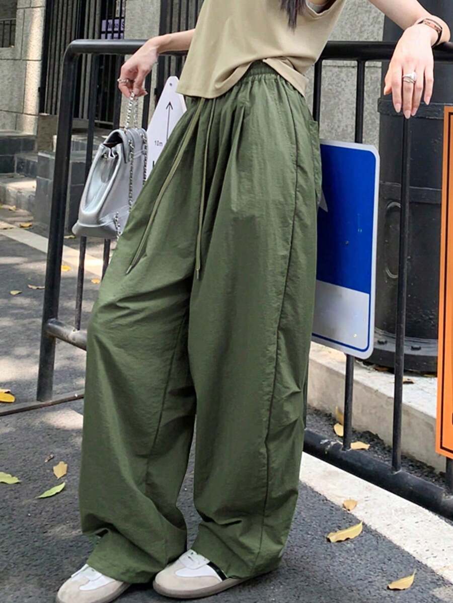 2025 春夏休闲百搭宽松飘逸半透明纯色沙滩裤 - 軍綠色 - 查看 1