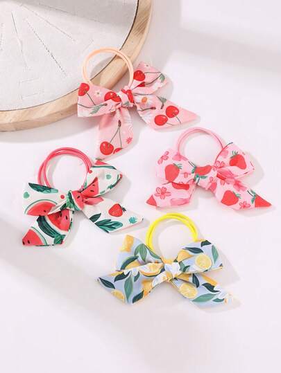 4 件装女士时尚花卉水果印花发圈，优雅粉色调蝴蝶发绳，适合日常、春夏、派对、度假等场合。