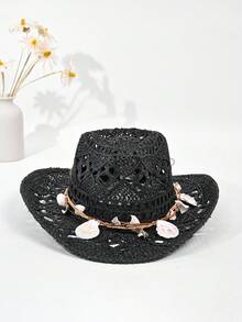 1 件草编巴拿马草帽，贝壳装饰，时尚个性化复古风，适合海滩、露营、旅行、骑行、摄影、约会、主题公园、游艇派对、音乐会