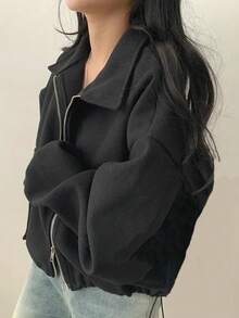 Women's French Style Casual Loose Zip-Up Cinched Waist Short Jacket With Pockets, Autumn/Winter - Black - View 5