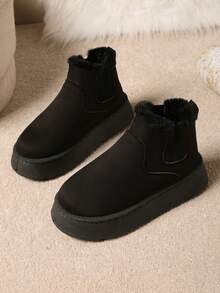 女式仿毛黑色户外5厘米厚底踝靴，紧身针织袖口毛皮衬里雪地靴，新款秋冬款带后拉带，蓬松加厚保暖内衬拖鞋时尚简约保暖鞋男士室内拖鞋 - 黑色 - 查看 7