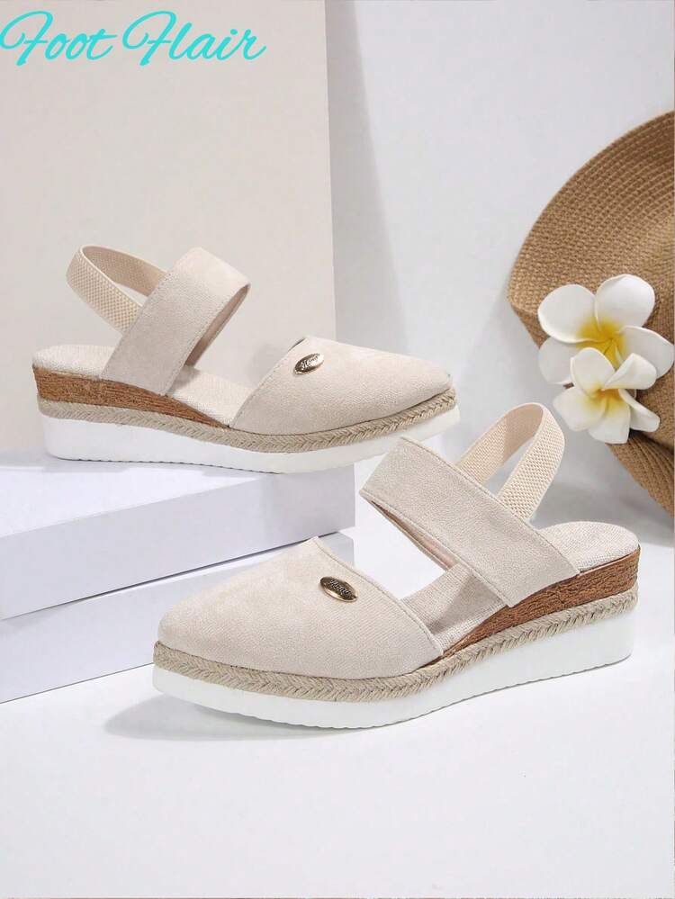 Foot Flair Women's Plus Size Pointed Toe Two-Tone Slip-On Mule With Rope Sole, Beige Color, Bohemian Beach Resort Style Sandals, Summer New Lightweight Wedge Heel Roman Sandals - Beige - View 6