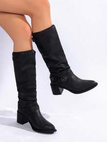 Neue Stiefel aus PU-Leder mit Nieten-Metallschnalle, schwarze plissierte Kniehohe Reitstiefel, modisch und bequem für jeden Anlass